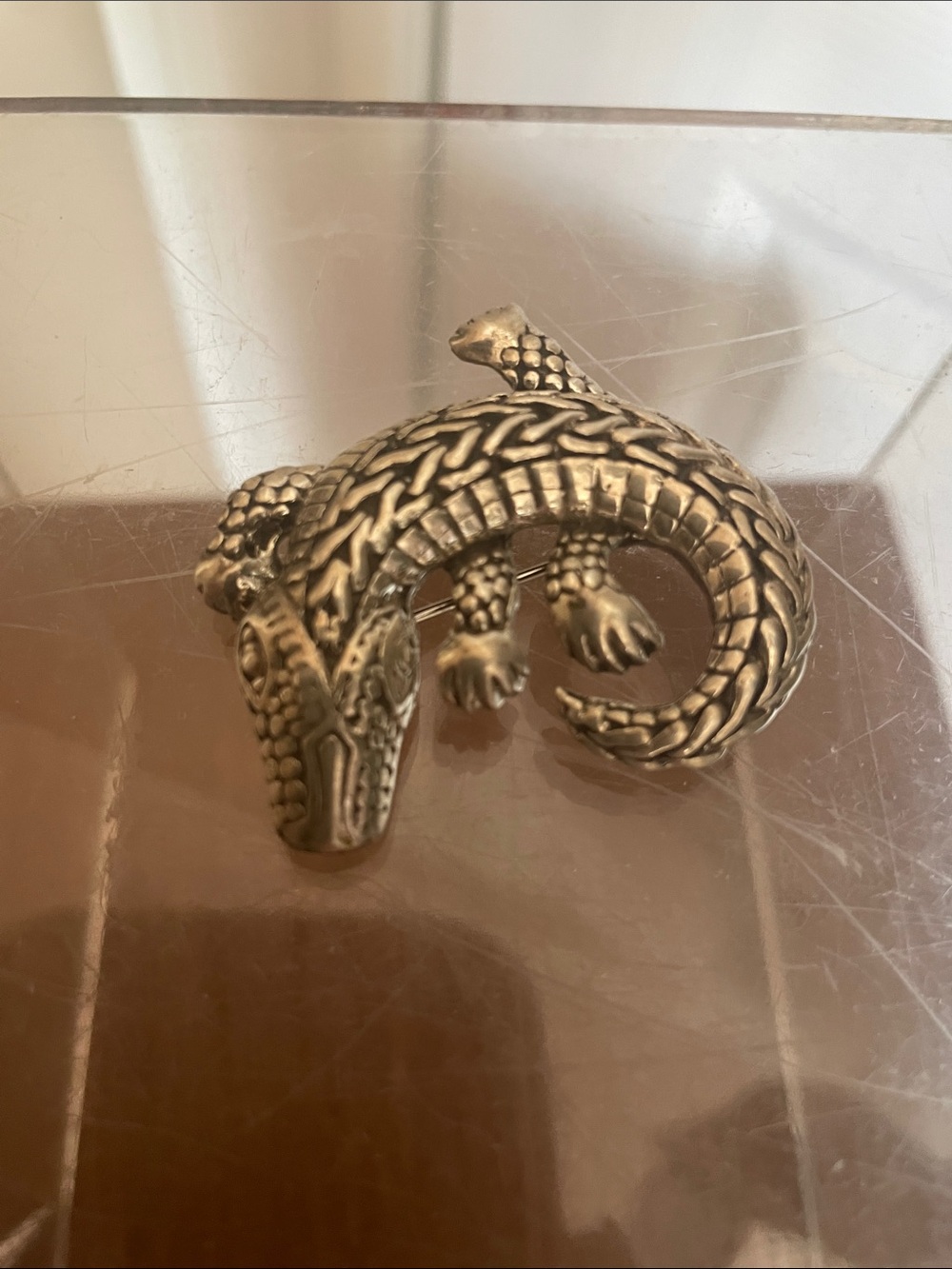 Silver Crocodile Reptile Figurine Brooch - stamped .925